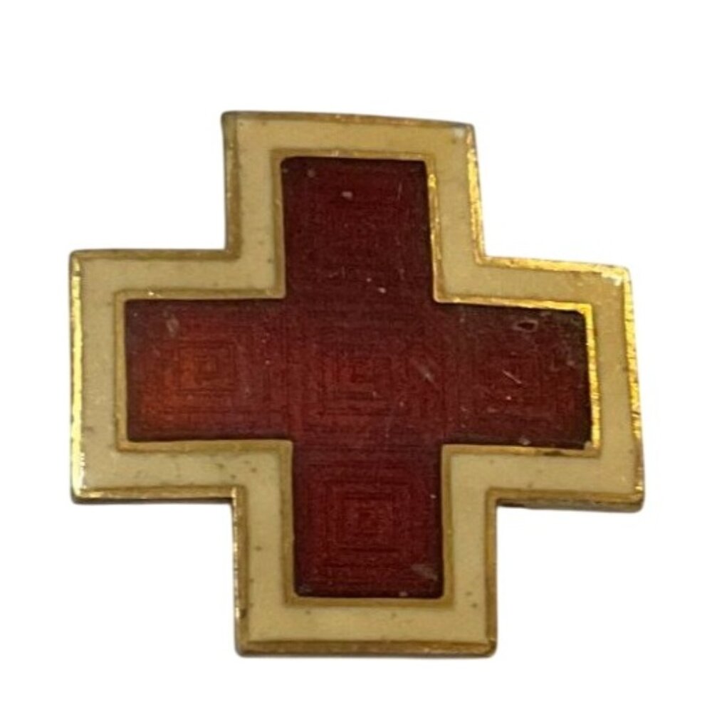 Vintage WWll Gold Filled American Red Cross Guilloche Enamel Nurse Pin Brooch 1"